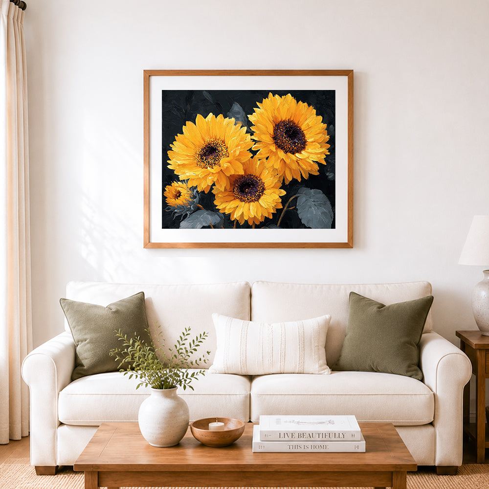 Finished dark tone golden sunflowers cross stitch artwork displayed as home decor