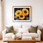 Finished dark tone golden sunflowers cross stitch artwork displayed as home decor