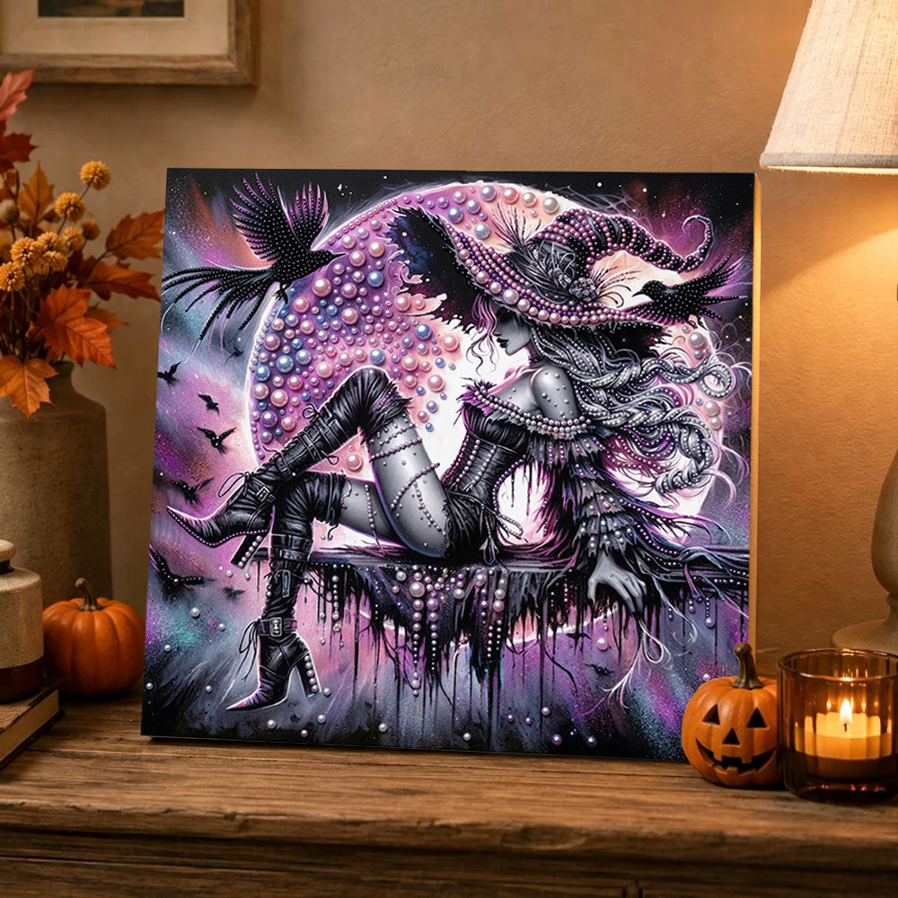 Finished dark witch under full moon pearl diamond painting artwork displayed as holiday home decor