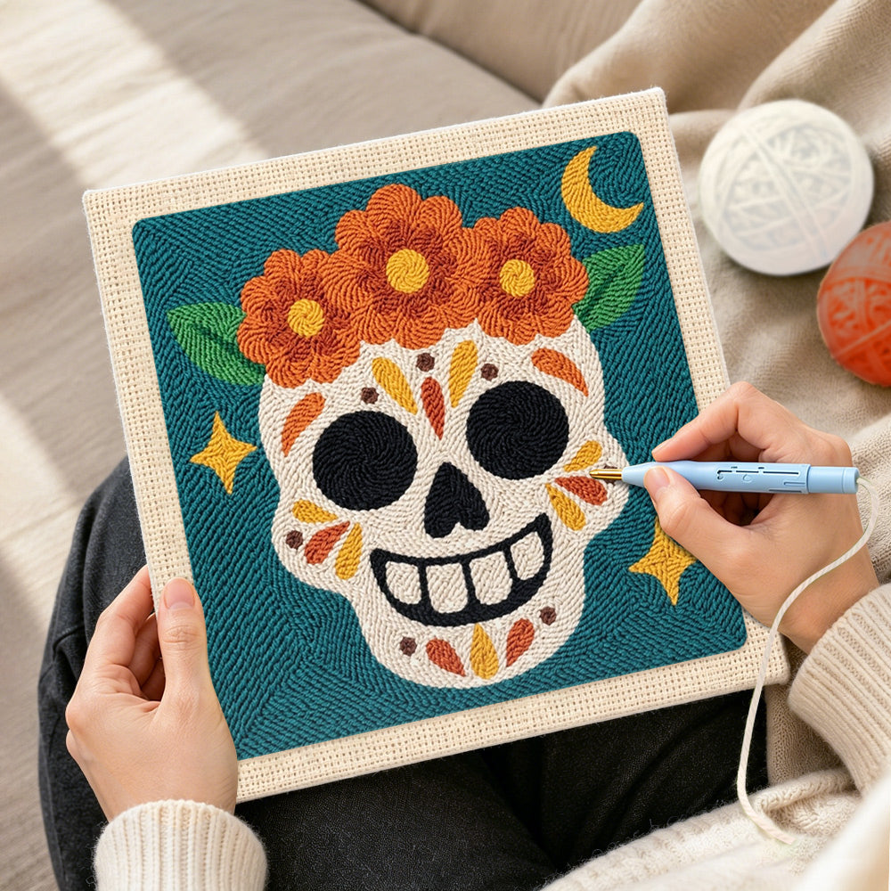Creating handmade day of dead floral skull punch needle artwork