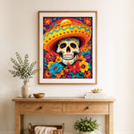 Finished day of the dead sugar skull with sombrero cross stitch artwork displayed as home decor