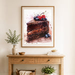Finished decadent chocolate cake cross stitch artwork displayed as home decor