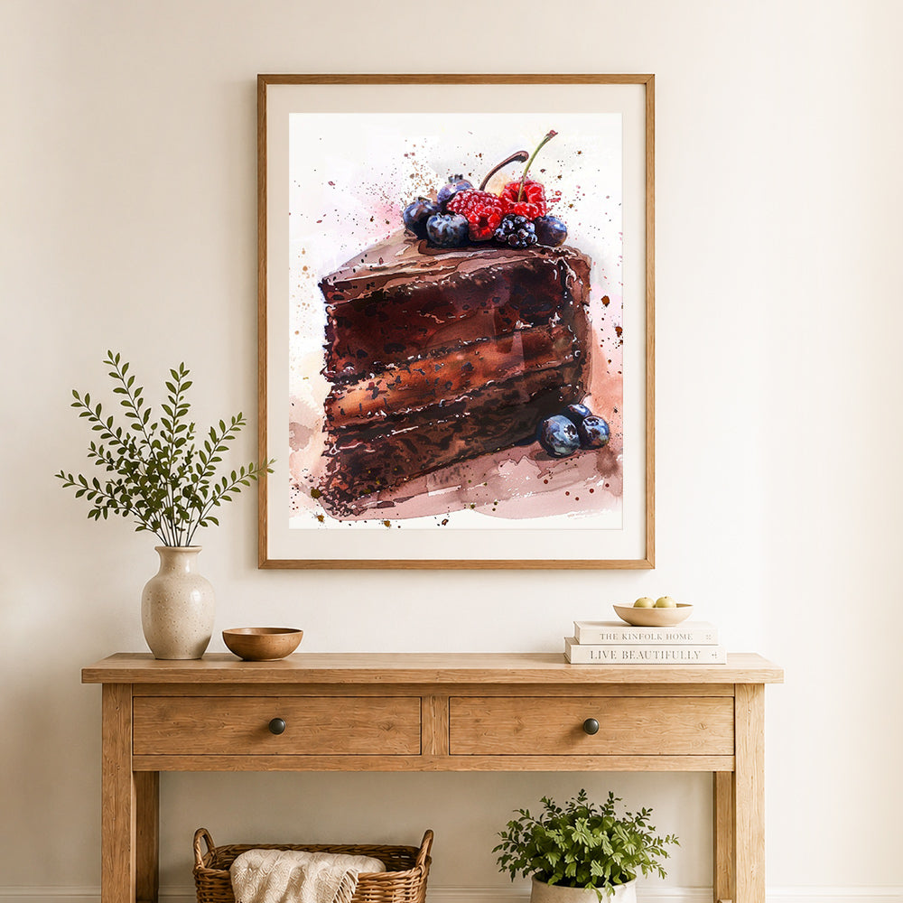 Finished decadent chocolate cake cross stitch artwork displayed as home decor