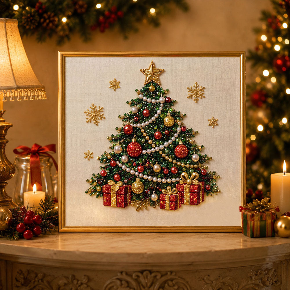 Finished decorated christmas tree with gifts pearl diamond painting artwork displayed as holiday home decor