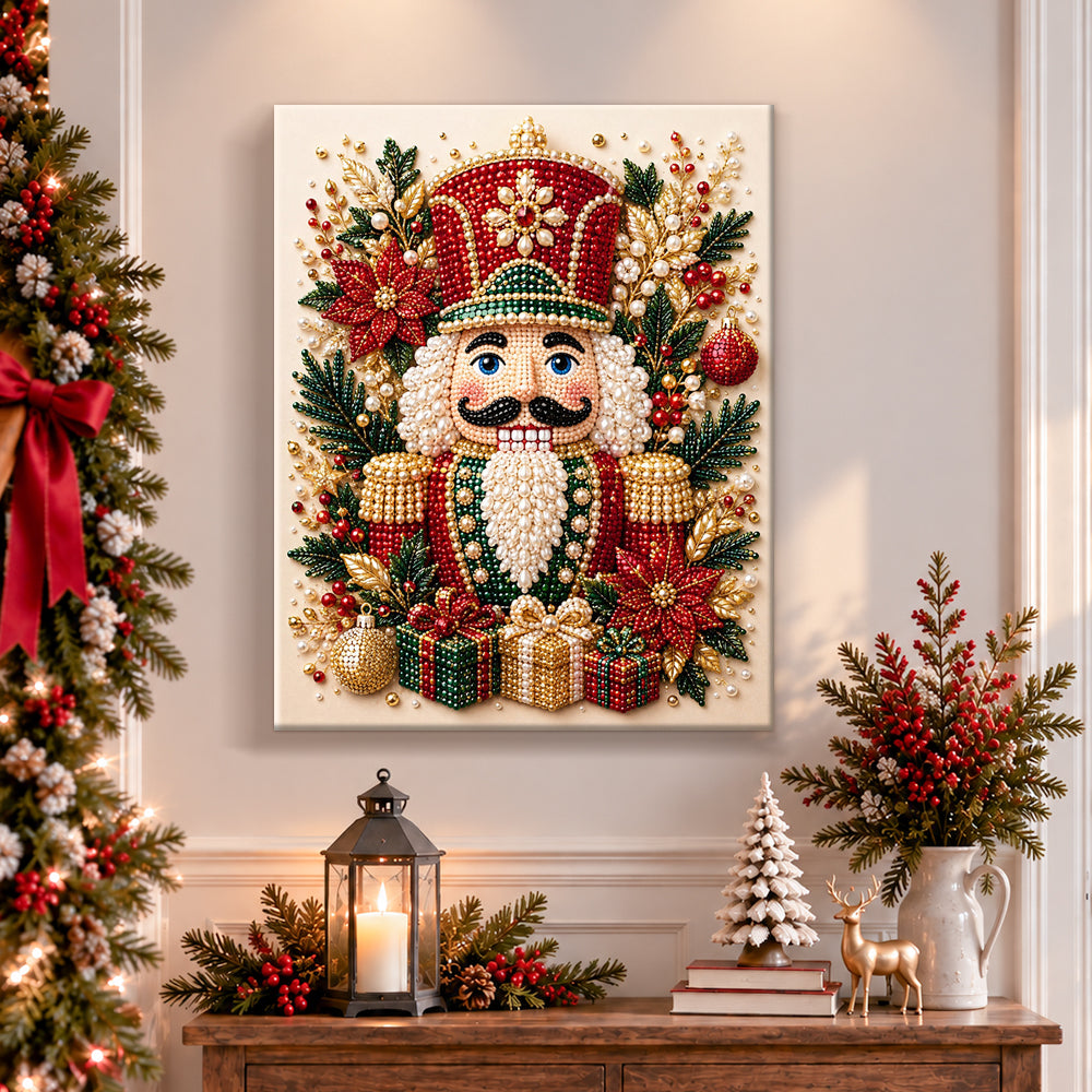 Finished decorative christmas nutcracker pearl diamond painting artwork displayed as holiday home decor