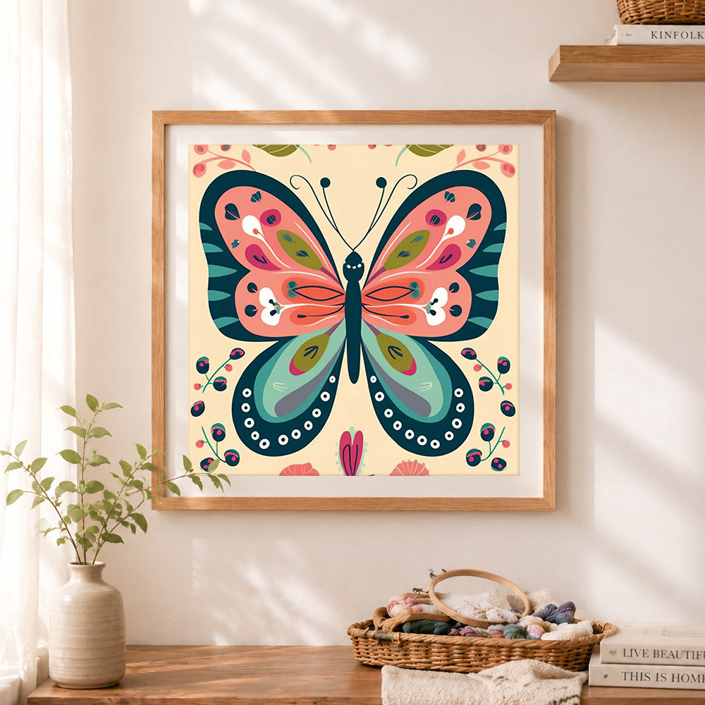 Finished decorative folk butterfly art cross stitch artwork displayed as home decor