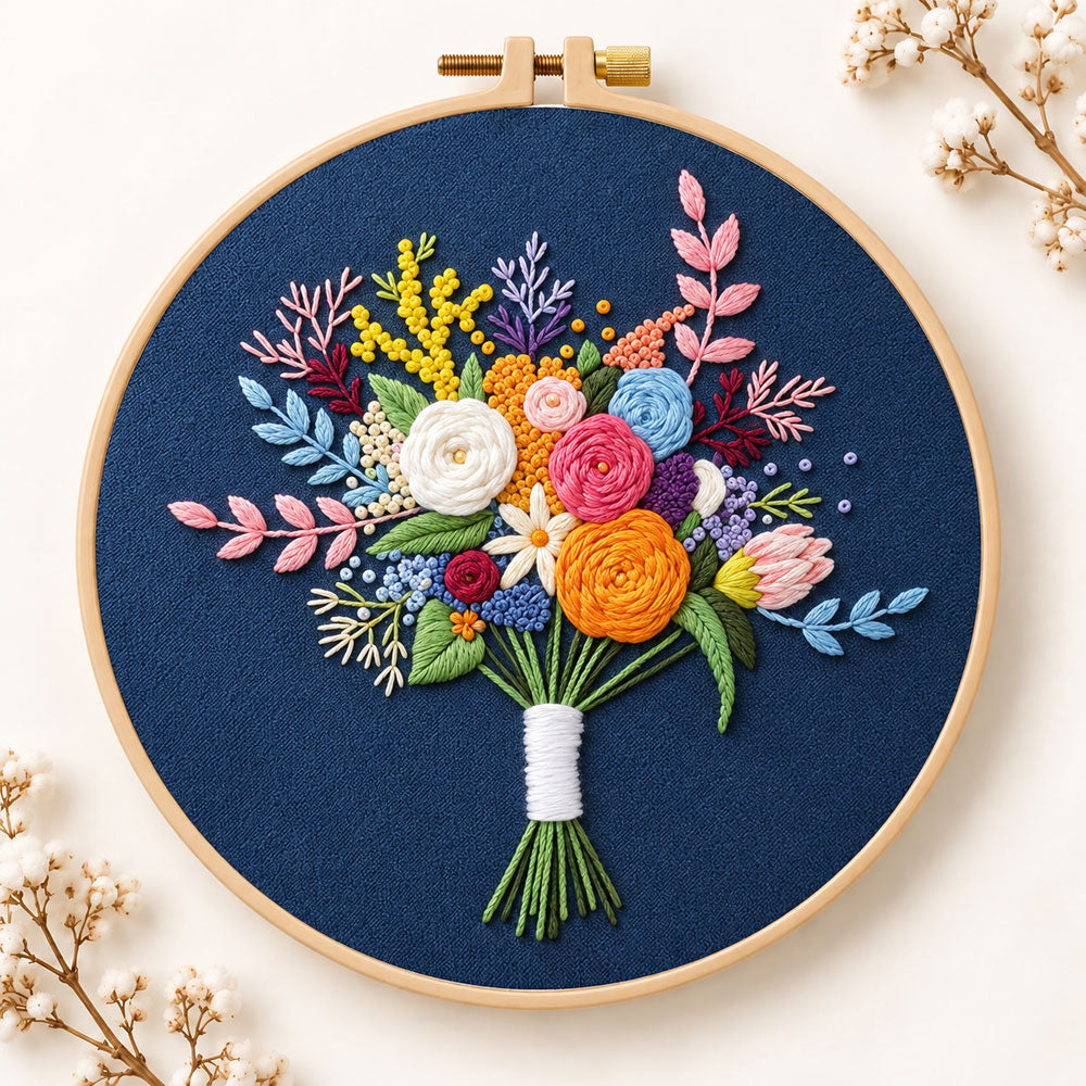 Deep blue mixed flower bouquet embroidery kit