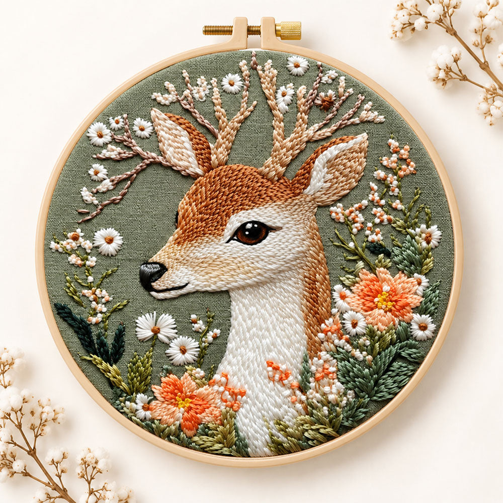 Deer and wild daisies embroidery kit