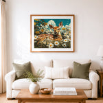Finished deer resting in daisy field cross stitch artwork displayed as home decor