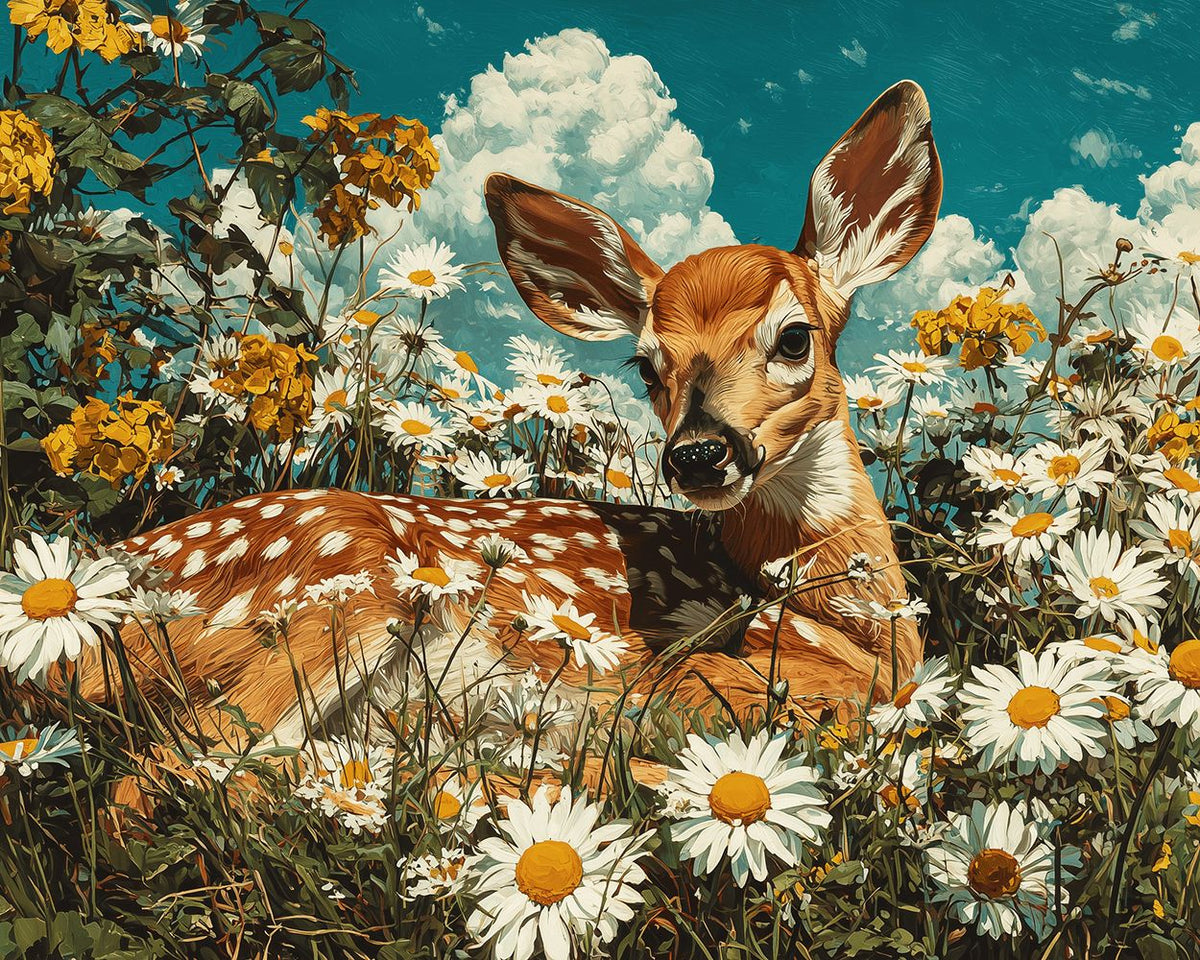 Deer resting in daisy field cross stitch kit for beginners