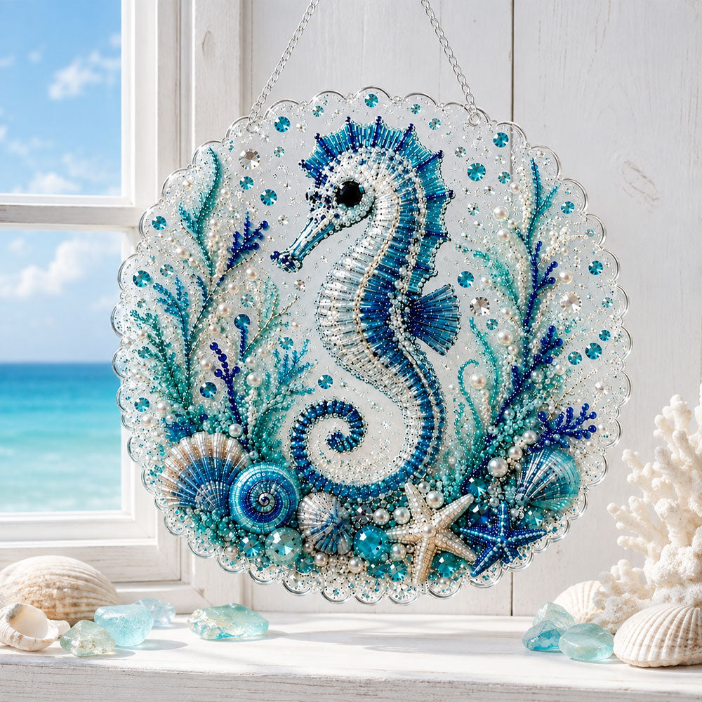 Finished delicate seahorse pearl diamond painting artwork displayed as home decor