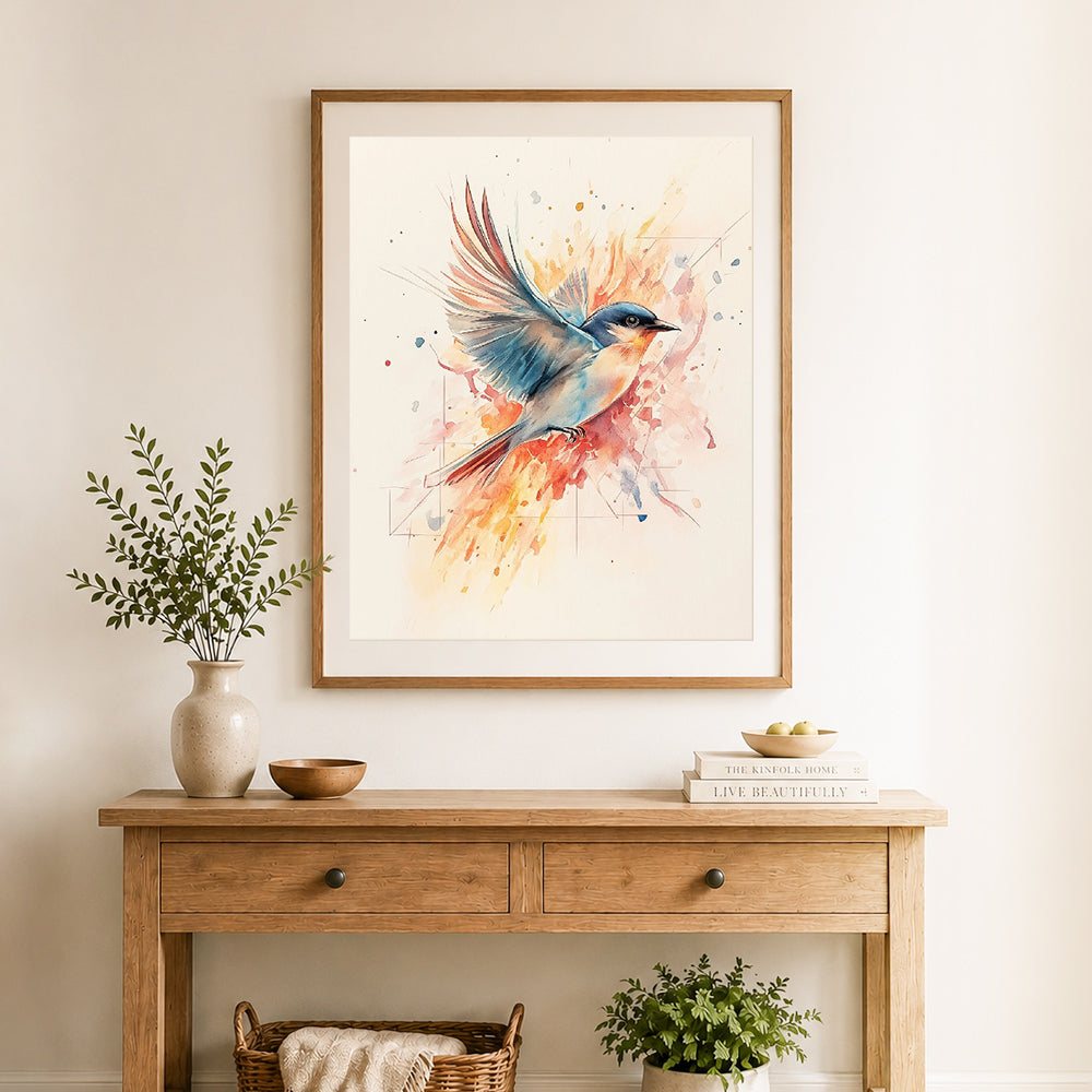 Finished delicate sketch swallow bird cross stitch artwork displayed as home decor