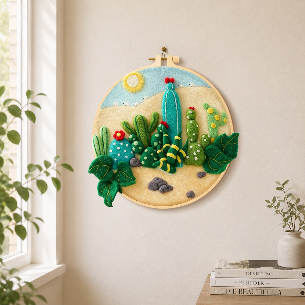 Desert cacti under the sun needle felt wall art displayed in a bright home interior
