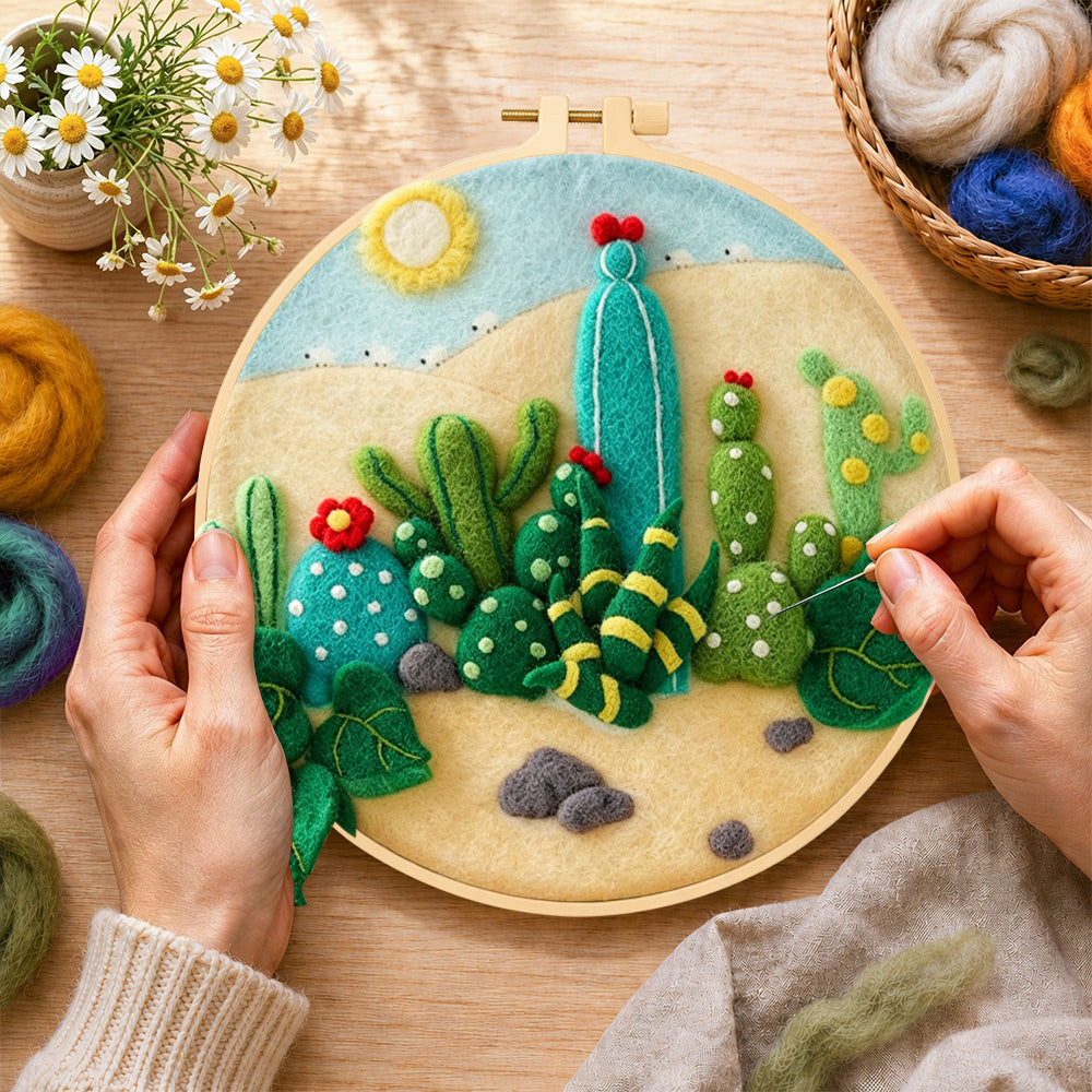 Creating the desert cacti under the sun wool painting by hand with a felting needle