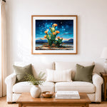 Finished desert cactus at dusk cross stitch artwork displayed as home decor