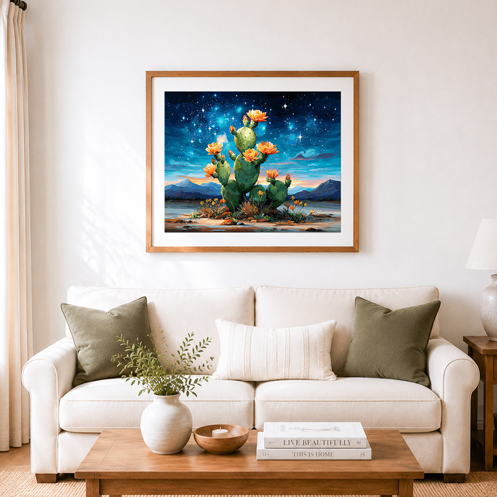 Finished desert cactus at dusk cross stitch artwork displayed as home decor