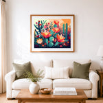 Finished desert cactus blossoms cross stitch artwork displayed as home decor