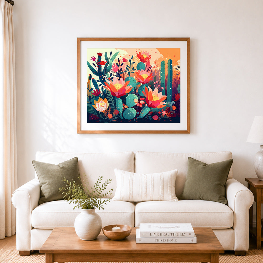 Finished desert cactus blossoms cross stitch artwork displayed as home decor
