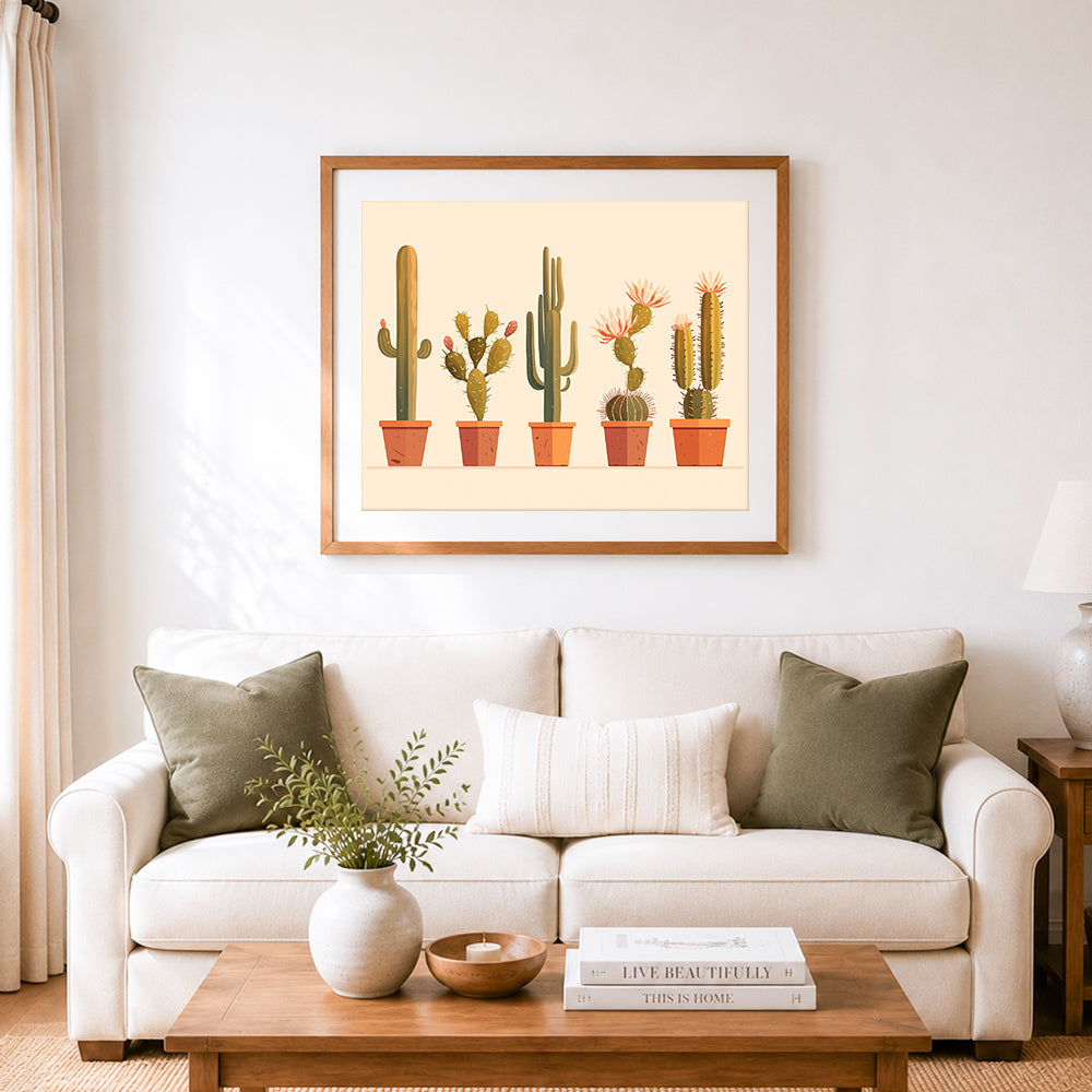 Finished desert cactus collection cross stitch artwork displayed as home decor