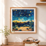 Finished desert night sky with saguaro cactus cross stitch artwork displayed as home decor