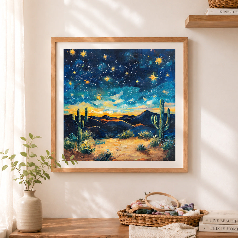 Finished desert night sky with saguaro cactus cross stitch artwork displayed as home decor