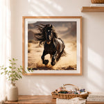 Finished desert running black horse cross stitch artwork displayed as home decor