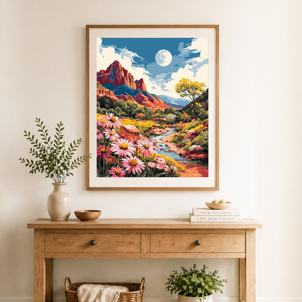 Finished desert wildflower creek cross stitch artwork displayed as home decor