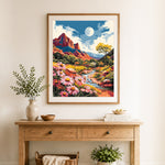 Finished desert wildflower creek cross stitch artwork displayed as home decor