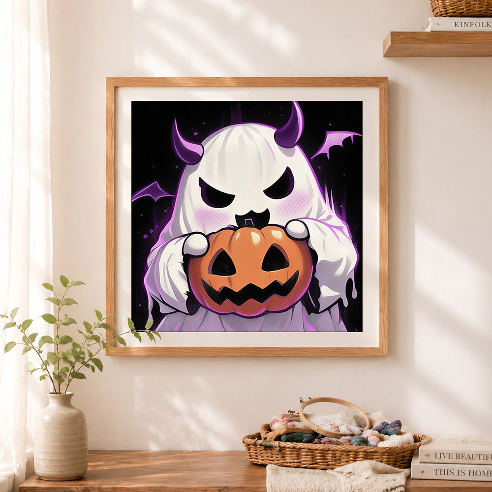 Finished devil ghost pumpkin cross stitch artwork displayed as home decor
