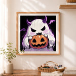 Finished devil ghost pumpkin cross stitch artwork displayed as home decor