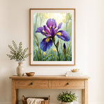 Finished dew‑kissed purple iris cross stitch artwork displayed as home decor