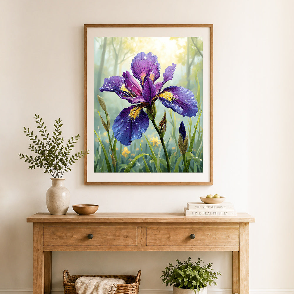 Finished dew‑kissed purple iris cross stitch artwork displayed as home decor