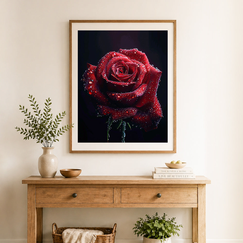 Finished dewy dark red rose cross stitch artwork displayed as home decor