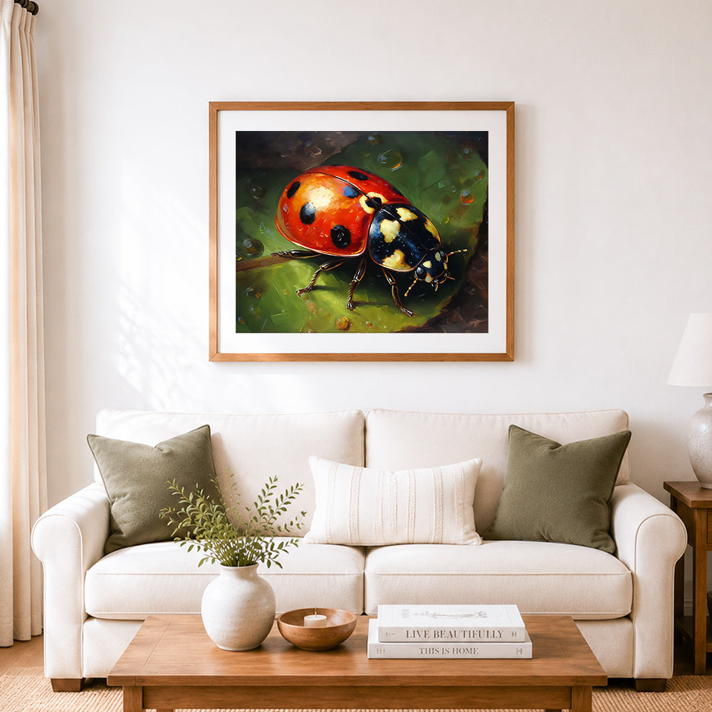 Finished dewy ladybug on leaf cross stitch artwork displayed as home decor
