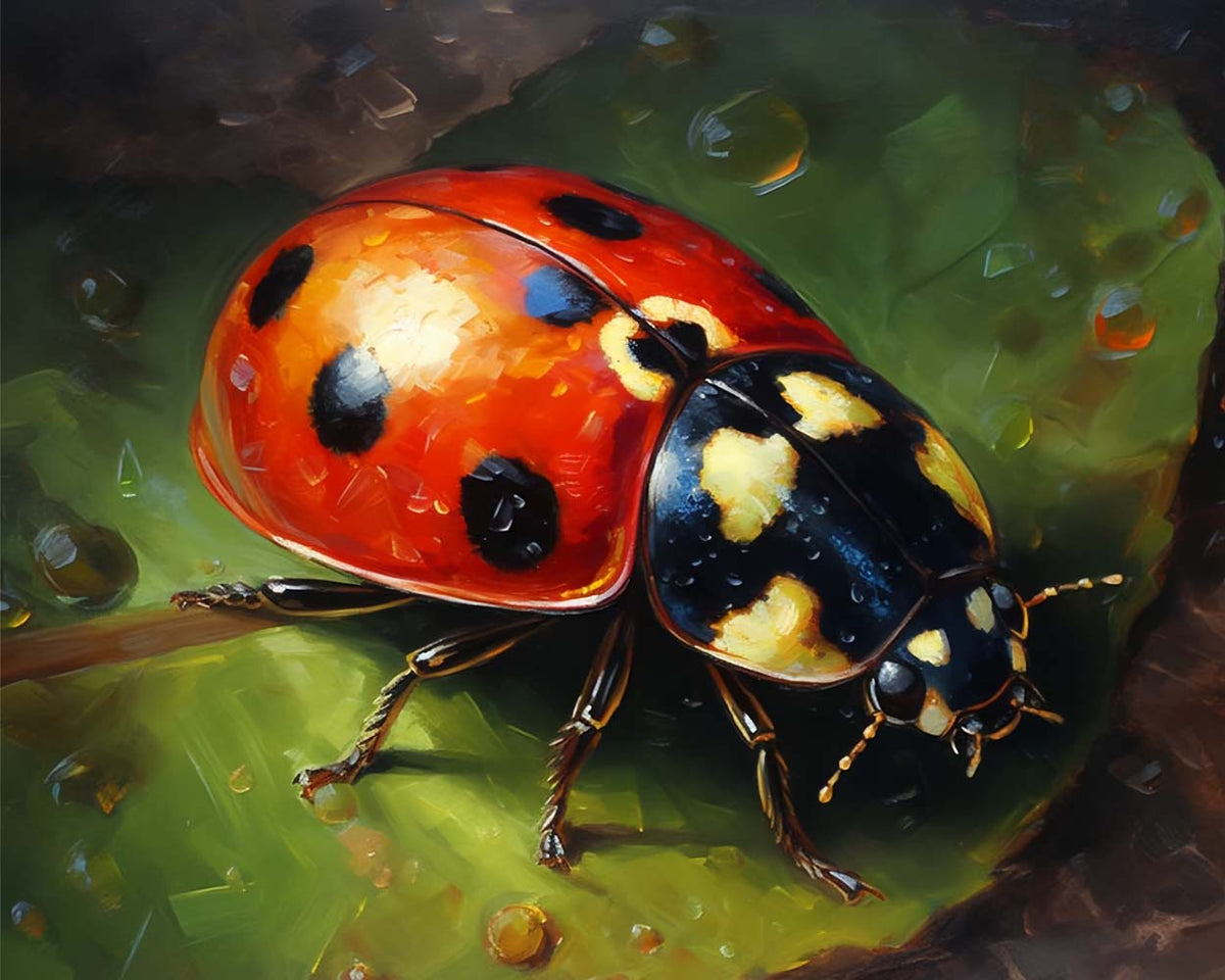 Dewy ladybug on leaf cross stitch kit for beginners