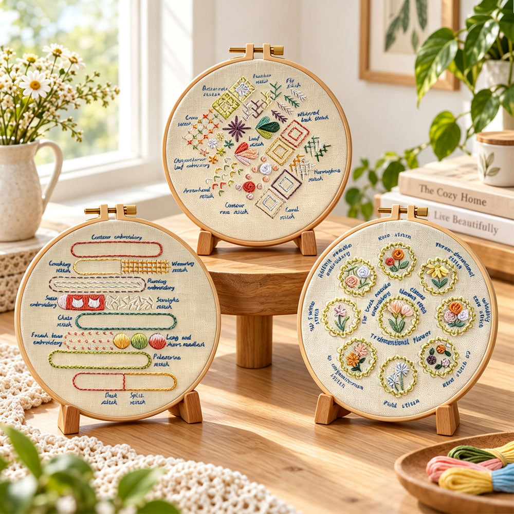 Diverse embroidery stitch showcase embroidery kit finished hoop displayed on a wooden stand as cozy tabletop decor