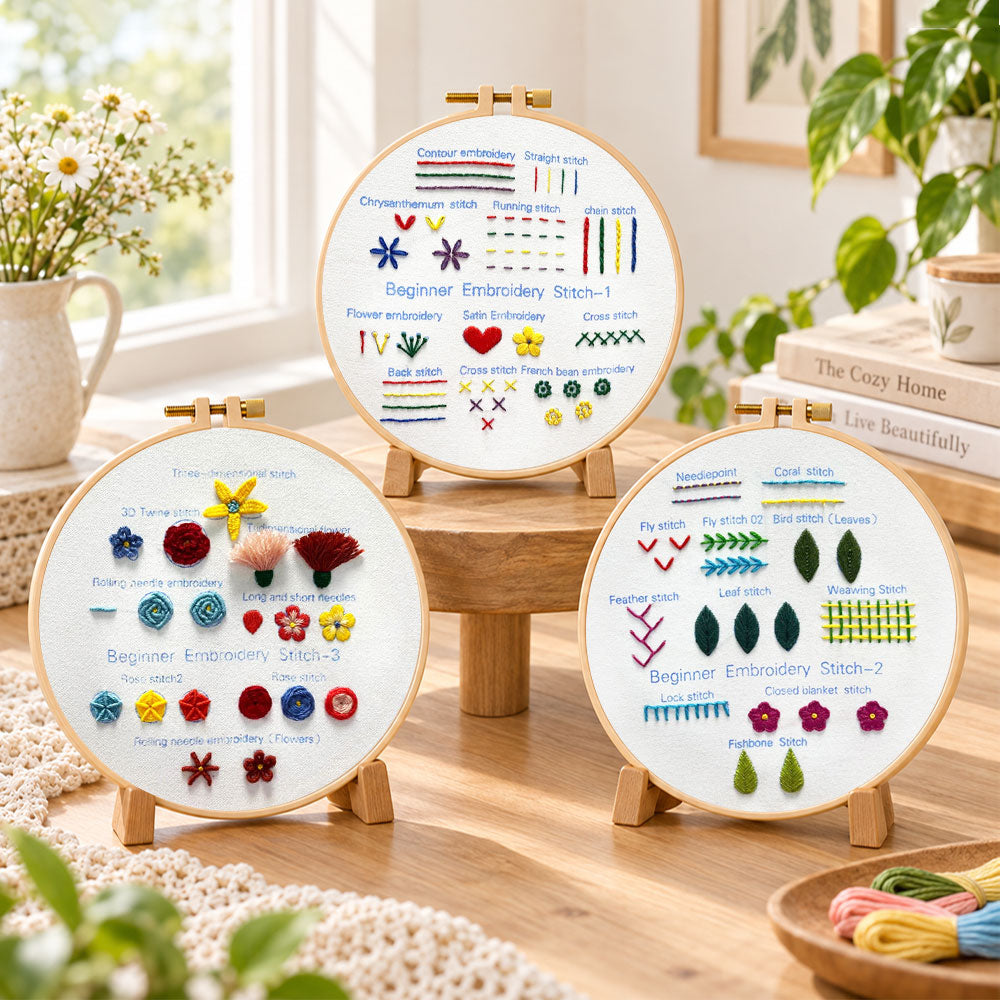 Diverse stitch technique demo embroidery kit finished hoop displayed on a wooden stand as cozy tabletop decor