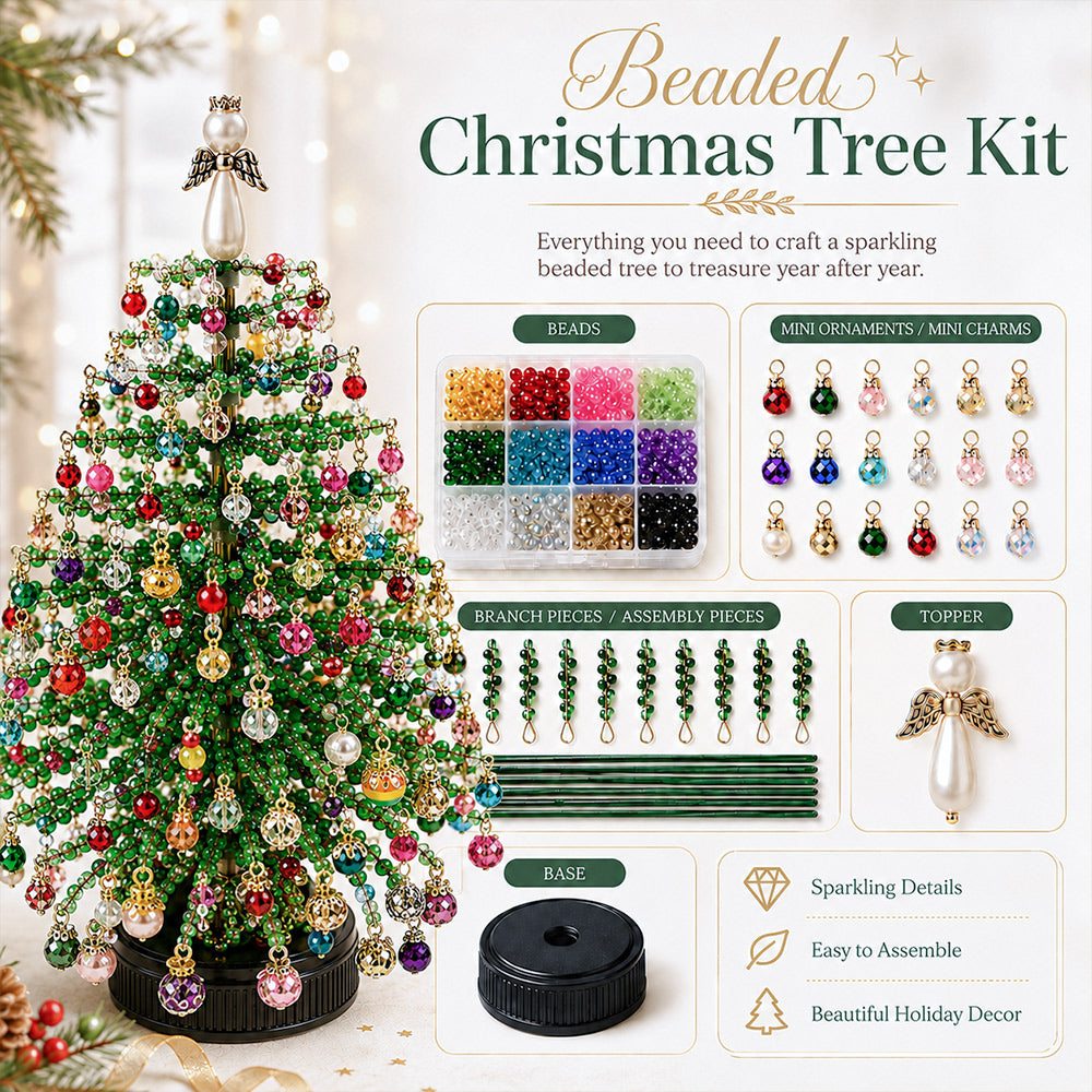 DIY Beaded Christmas Tree Kit with beads, mini charms, branch pieces, topper and base