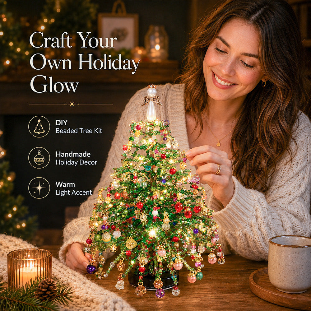 Woman creating a DIY Beaded Christmas Tree Kit with colorful beads and holiday charms