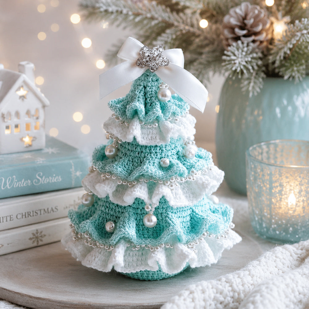 Mint and white DIY Crochet Christmas Tree Kit displayed as cozy handmade Christmas home decor