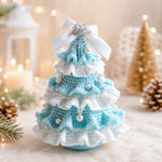 DIY Crochet Christmas Tree Kit in mint and white with layered crochet details, pearl decorations and a festive bow