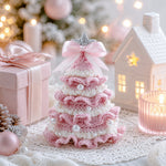Pink and white DIY Crochet Christmas Tree Kit displayed as cozy handmade Christmas home decor