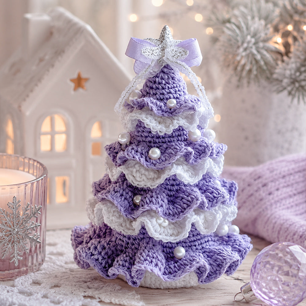 Purple and white DIY Crochet Christmas Tree Kit displayed as cozy handmade Christmas home decor