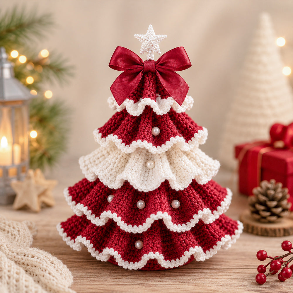 DIY Crochet Christmas Tree Kit in red and white with layered crochet details, pearl decorations and a festive bow