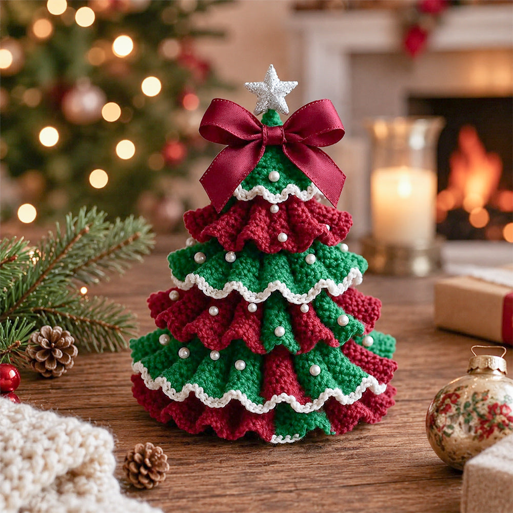 Red and green DIY Crochet Christmas Tree Kit displayed as cozy handmade Christmas home decor