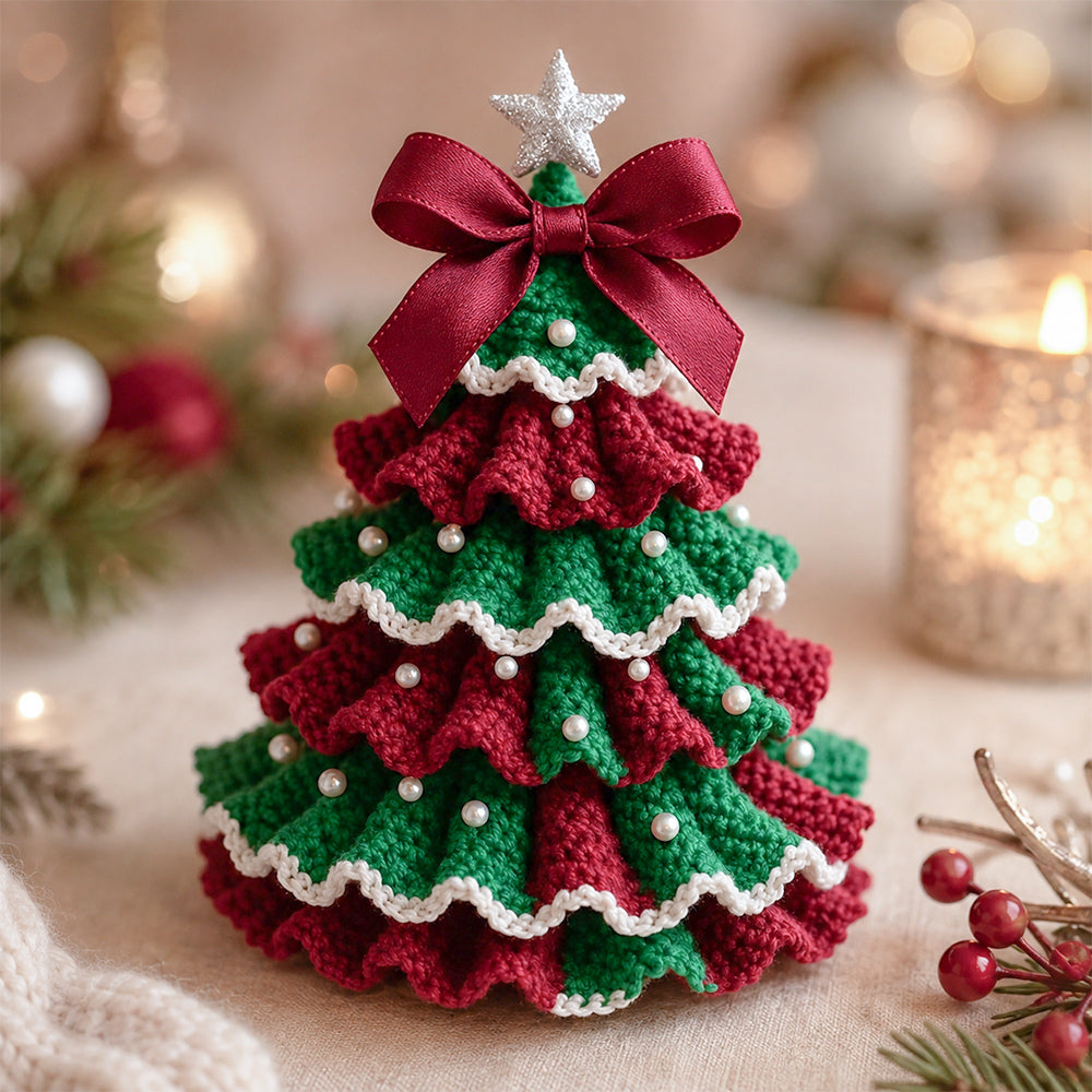 DIY Crochet Christmas Tree Kit in red and green with layered crochet details, pearl decorations and a festive bow