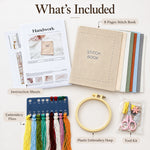 What's included in the DIY embroidery stitch practice book kit, featuring fabric pages, threads, plastic hoop, tools and instructions