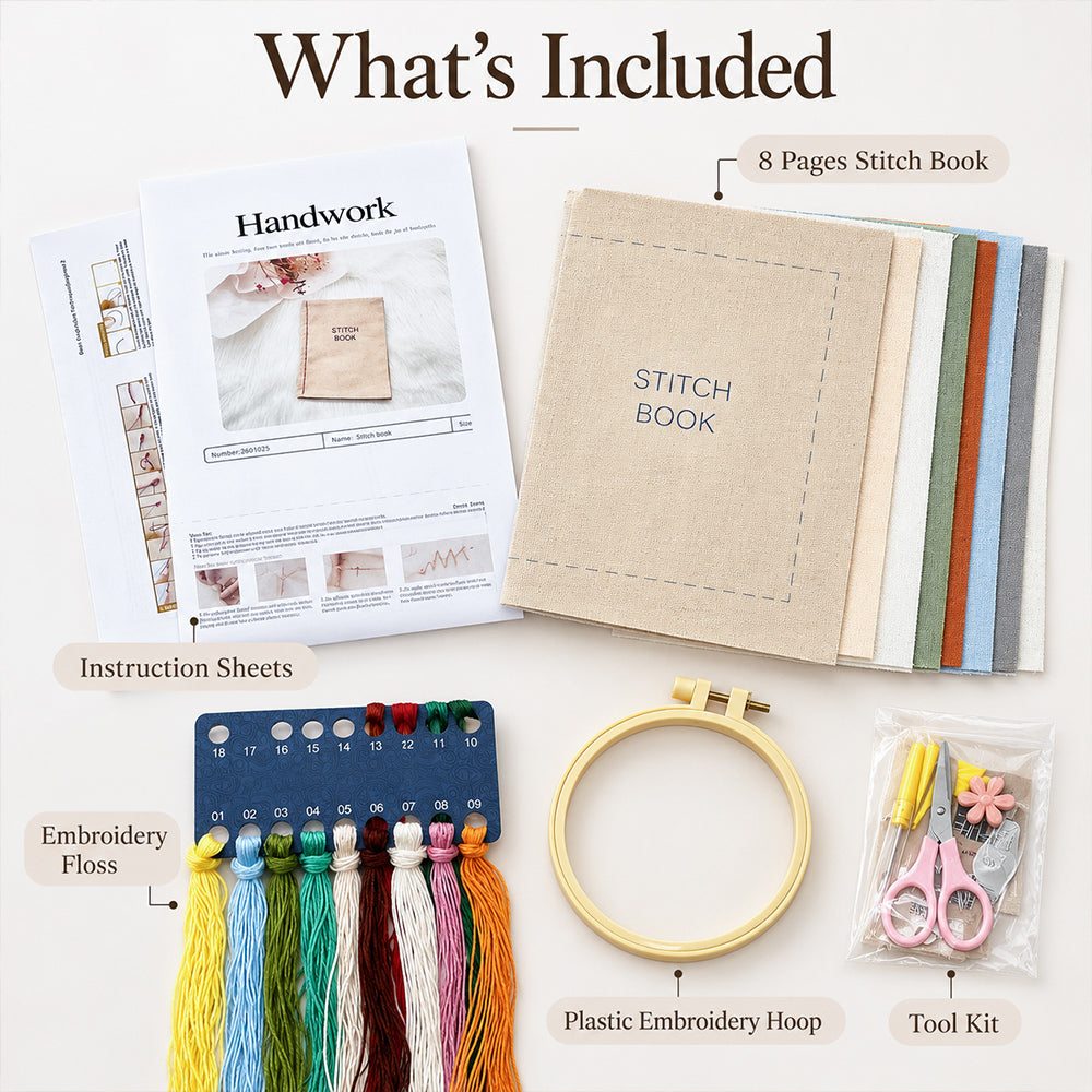 What's included in the DIY embroidery stitch practice book kit, featuring fabric pages, threads, plastic hoop, tools and instructions