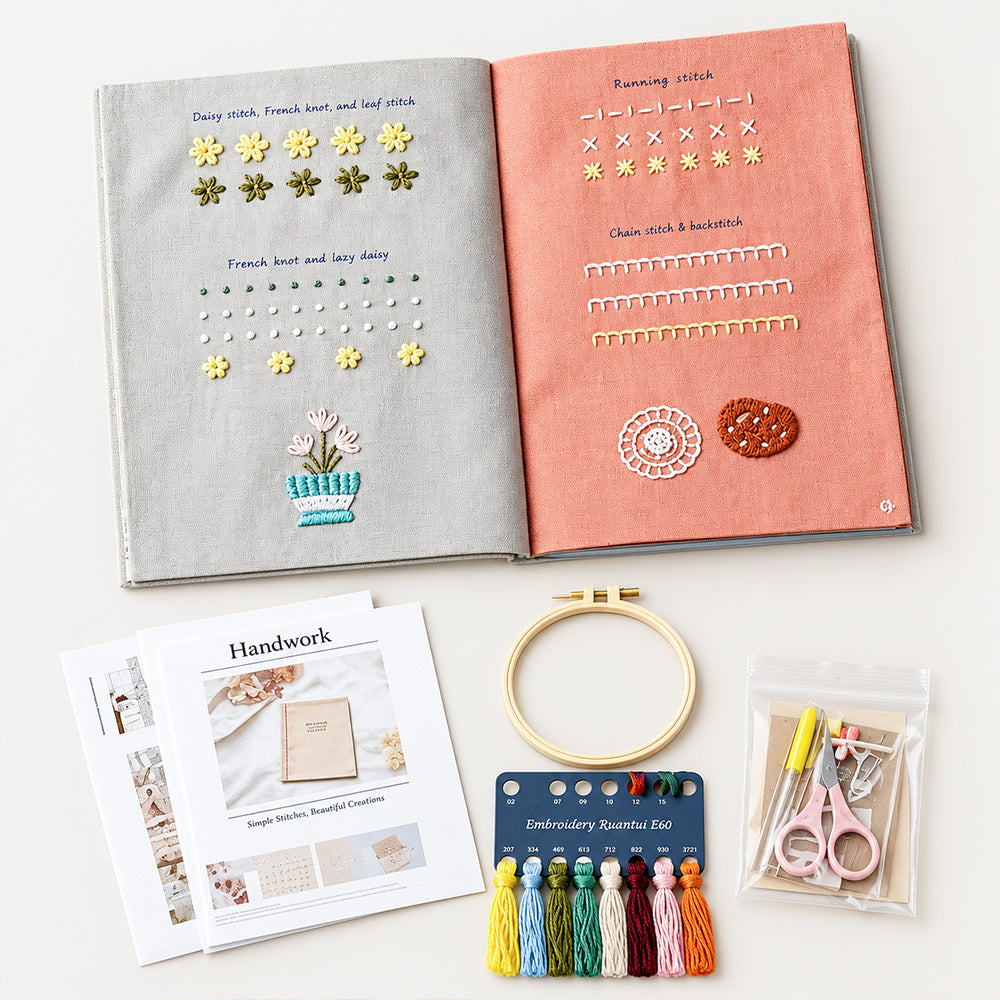 Open embroidery stitch practice book displayed with embroidery floss, plastic hoop, sewing tools and instruction sheets