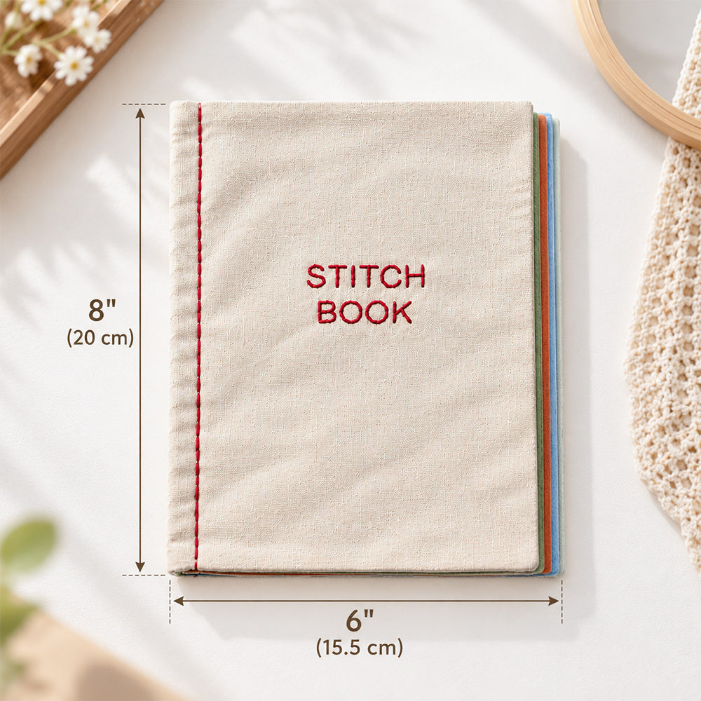 DIY embroidery stitch practice book size guide showing the fabric cover, embroidered lettering and book dimensions